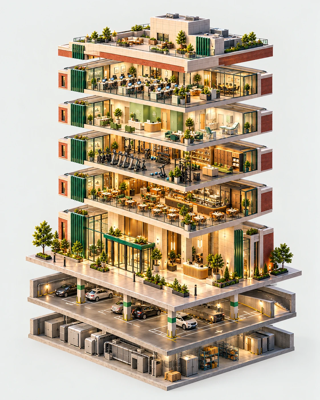 Exploded isometric Montréal building with roof, offices, clinic, gym, dining, lobby, garage and service areas